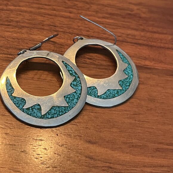 Sterling Silver Turquoise Inlay Earrings Alpaca Mexico Drop Dangle Boho - Picture 5 of 6